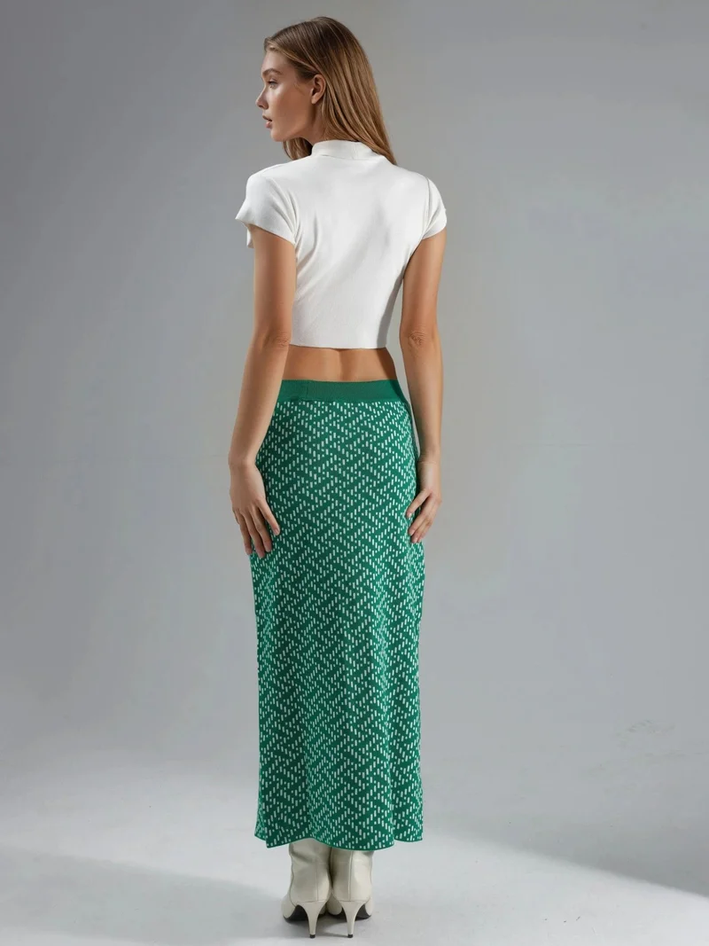 MY FASHION Pine Green MY FASHION High Waist Geometric Knit Maxi Skirt with Button Closure for Women | Best Price UAE